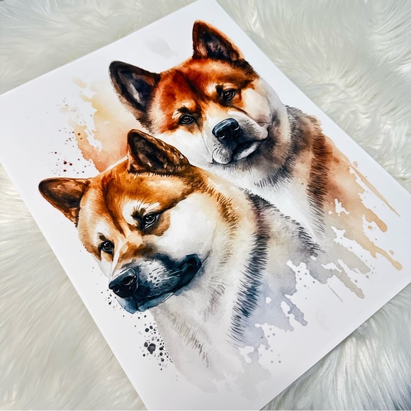 Watercolor American Akita Dogs Portrait Wall Art Illustration Print Unframed - Picture 9 of 10